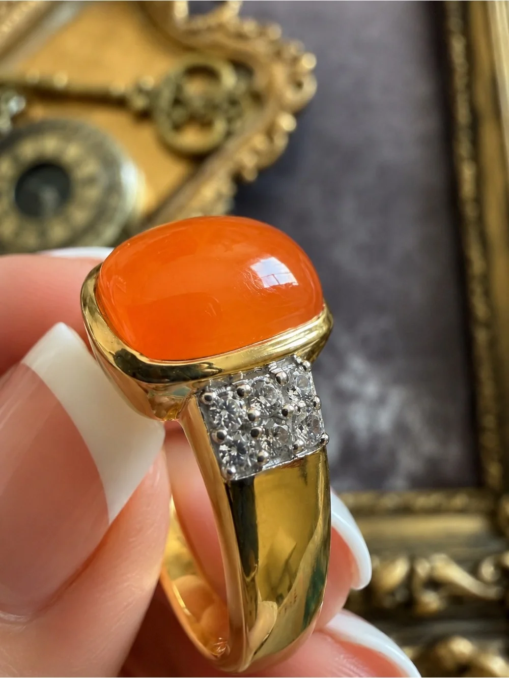 🆕 SONI • Gold Ring Orange Cabochon Crystal Stones Cocktail  Ring